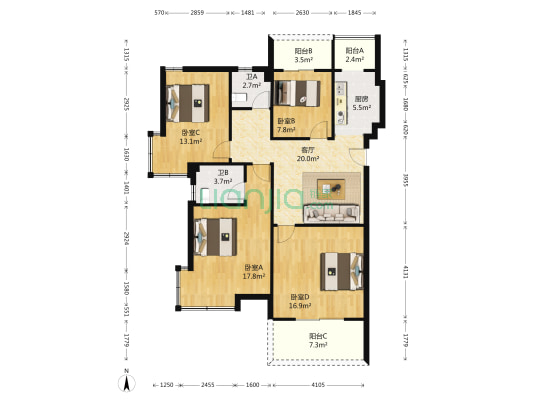 世茂海滨花园A1地块 4室1厅2卫 116平方