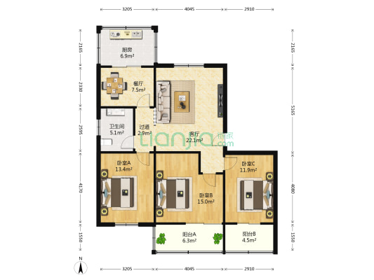 法院家属小区 3室2厅1卫 107平方