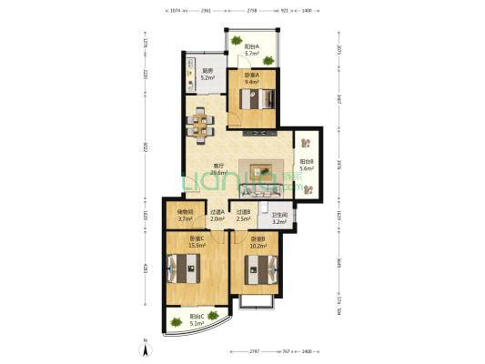 东郡蓝湾 3室1厅1卫 121平方