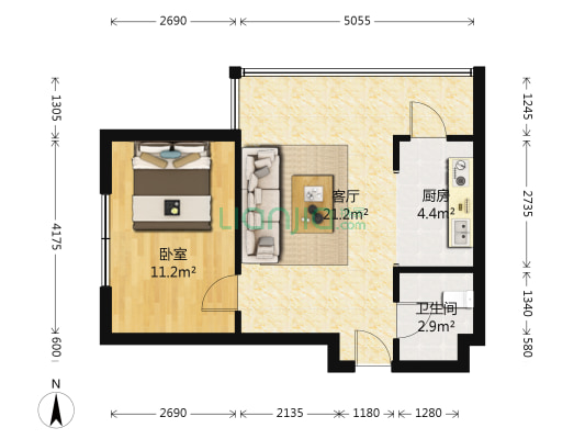 上和城 1室1厅1卫 62平方