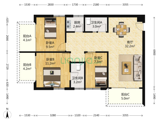 文昌花园 3室1厅2卫 44平方