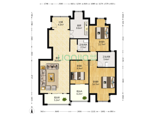 蓝水假期三期 3室1厅2卫 131平方