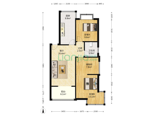 城市之星 2室1厅1卫 96平方