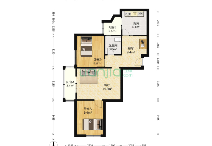 2室2厅1卫71.32㎡-北京安慧里四区户型图