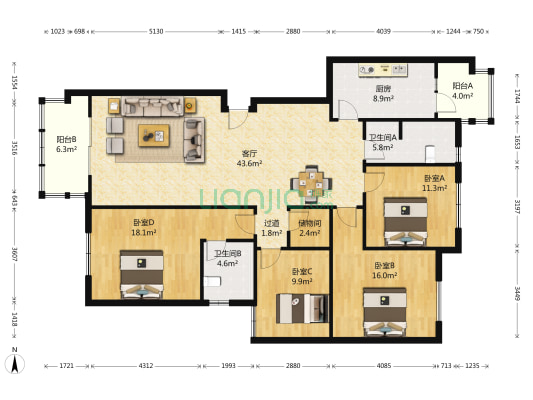 山南家园 4室1厅2卫 158平方