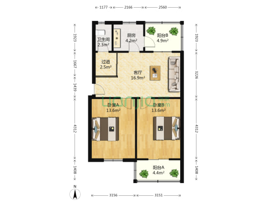 安装宿舍 2室1厅1卫 73平方
