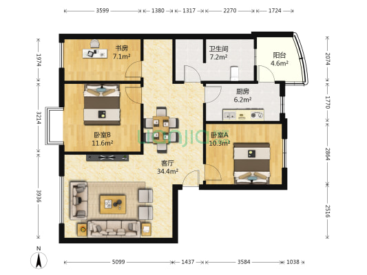 朝阳郡公寓 3室1厅1卫 100平方