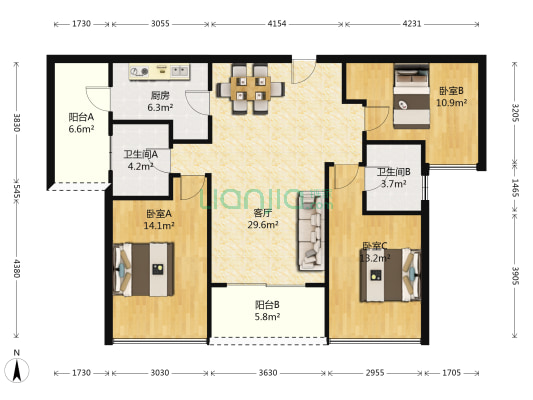 海伦堡三期 3室1厅2卫 108平方