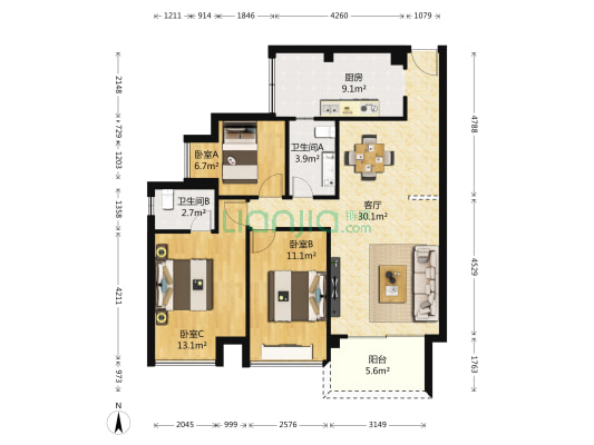 布吉中心花园 3室1厅2卫 104平方