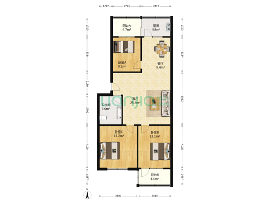 英雄山路54号 3室2厅1卫 106平方