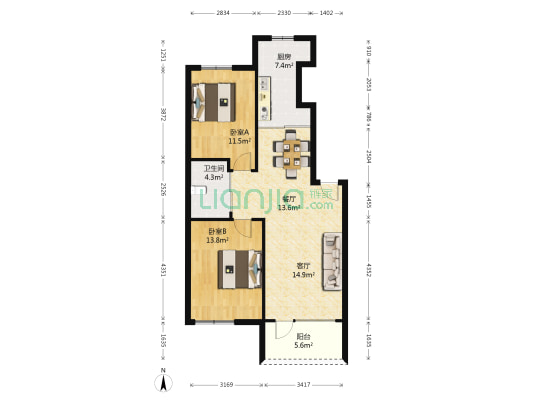 万科兰乔公寓 2室2厅1卫 86平方