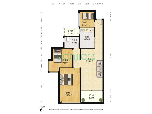 深房传麒山东区 3室1厅1卫 89平方