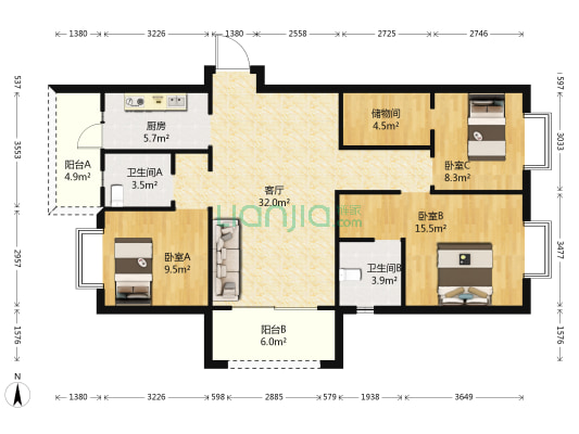 金科阳光里 3室1厅2卫 121平方