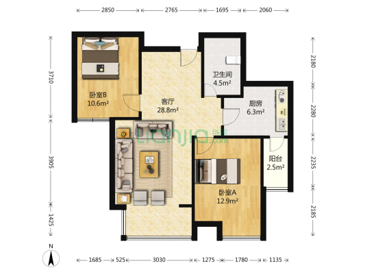福升园 2室1厅1卫 93平方