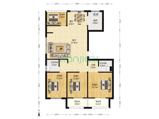 四海铭门 4室2厅2卫 139平方