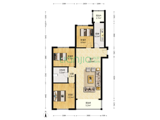 康宁居 3室1厅1卫 120平方