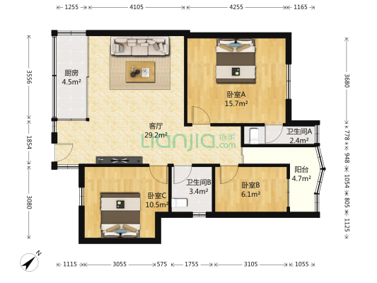 鸿基花园 3室1厅2卫 95平方