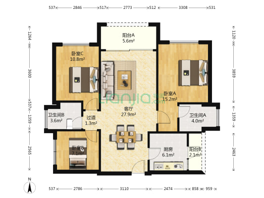 佛山恒大城 3室1厅2卫 97平方