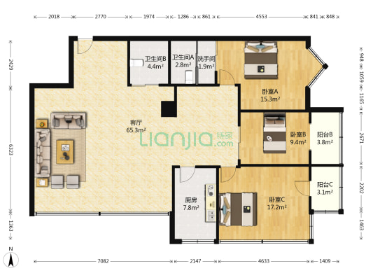 添地公寓 3室1厅3卫 162平方