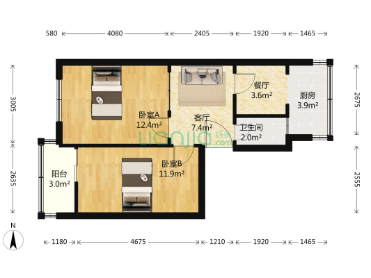 一棉家属院 2室2厅1卫 55平方