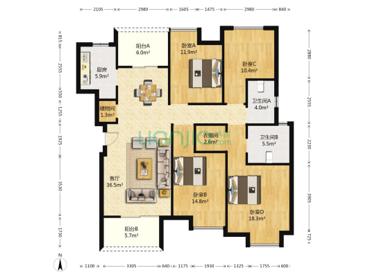 中天翰林诚品 4室1厅2卫 135平方