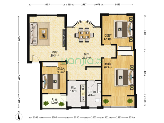 温馨家园 3室2厅1卫 124平方
