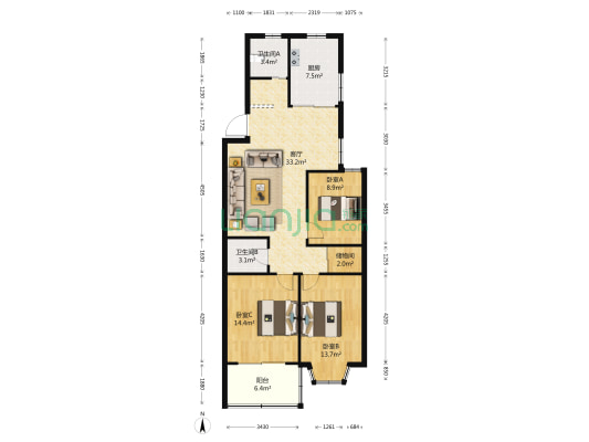 泰达新寓 3室1厅2卫 113平方