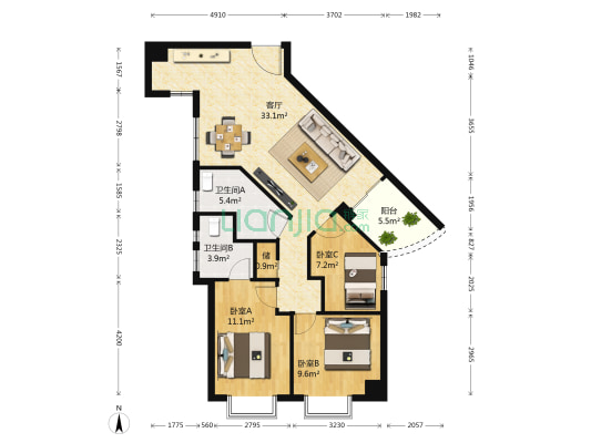 麓湖御景 3室1厅2卫 108平方