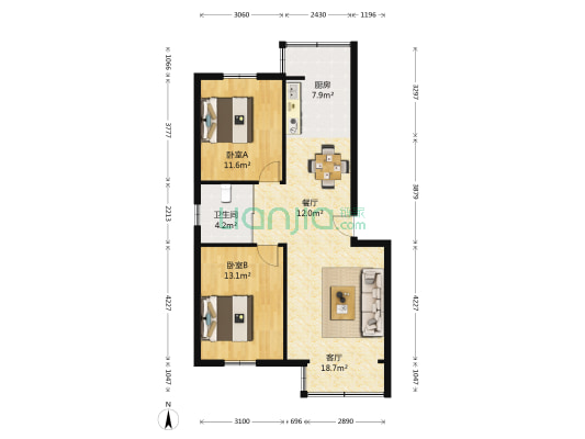 宜家7080 2室2厅1卫 98平方