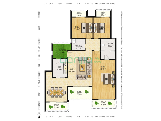 保利江上明珠晖园 3室1厅2卫 142平方