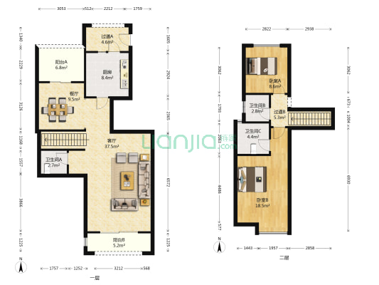 两江春城麓府 2室2厅3卫 135平方