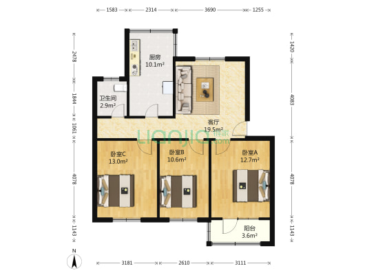 董寨路6号院 3室1厅1卫 86平方