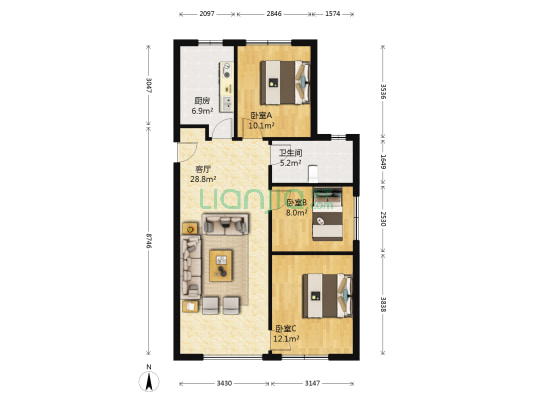 华润凯旋门三期 3室1厅1卫 103平方