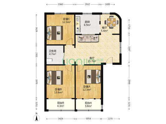 肖家弄 3室2厅1卫 107平方