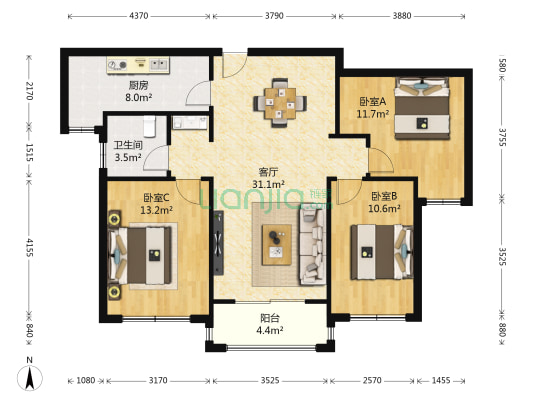 碧桂园嘉誉 3室1厅1卫 96平方