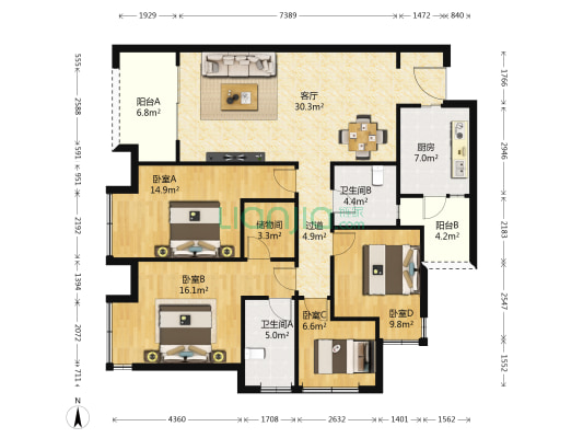 万科三期全新没住人四居室 尾款自还 看房方便-户型图