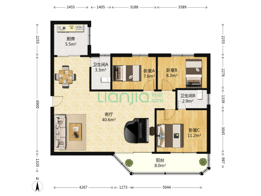 卫检大厦 3室1厅2卫 110平方