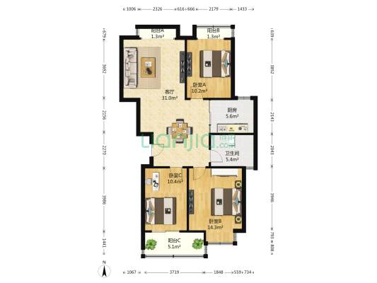 康桥公寓 3室1厅1卫 116平方