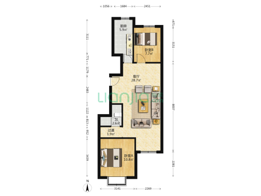 润唐悦府 2室1厅1卫 87平方