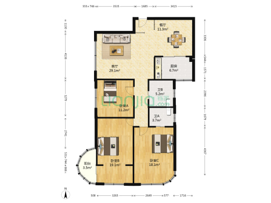 大港公寓 3室2厅2卫 143平方