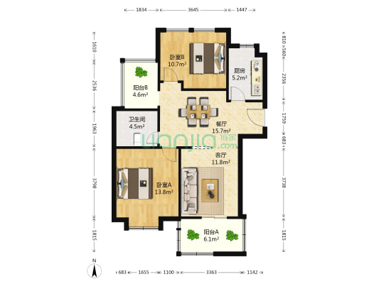 昆仑公寓 2室2厅1卫 90平方