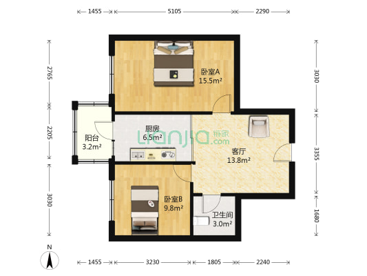 河松小区三期 2室1厅1卫 73平方