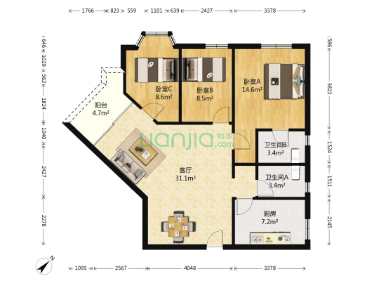 中山花园大厦 3室1厅2卫 107平方