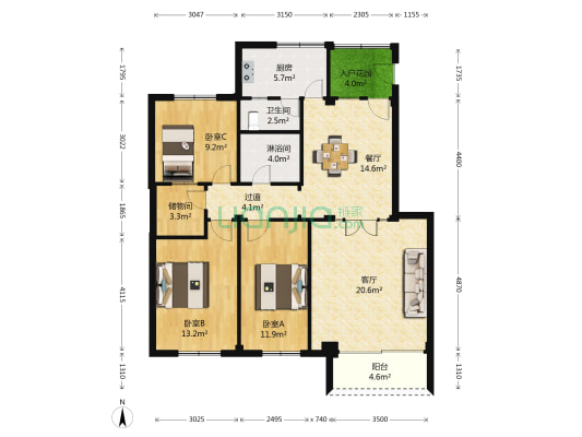 华南商住小区 3室2厅2卫 106平方