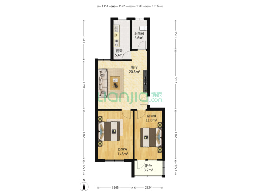 温馨家园 2室1厅1卫 71平方