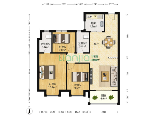 碧桂园天玺湾 3室1厅2卫 103平方