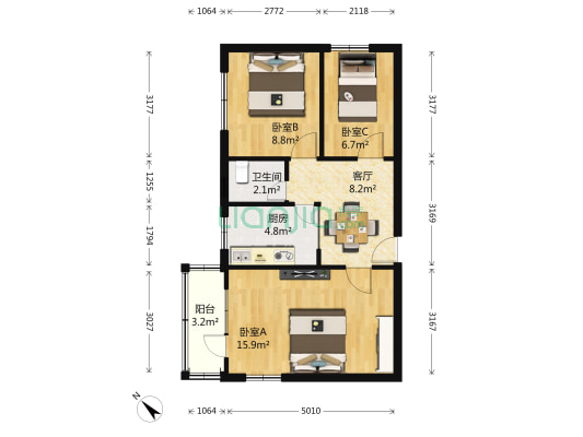 垂杨柳北里 3室1厅1卫 65平方