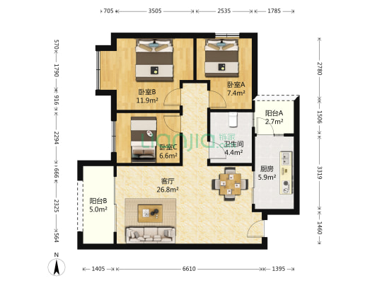 恒大中央广场 3室1厅1卫 88平方