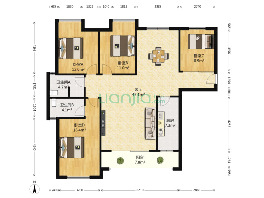 鸿景园 4室1厅2卫 136平方