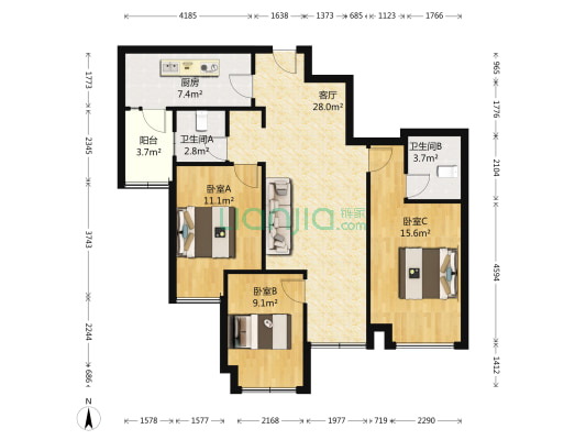 建发翡翠鹭洲 3室1厅2卫 92平方